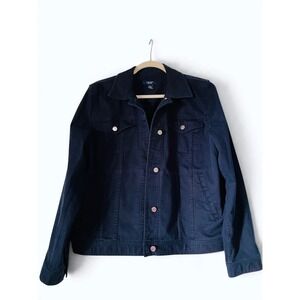 Chaps Denim Trucker Jacket Womens Large Dark Indigo Stretch Jean Jacket Heritage